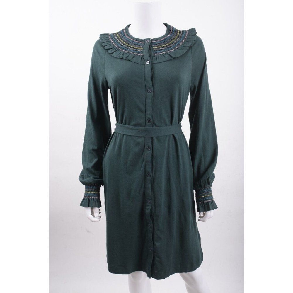 Boden Womens Smocked Detail Jersey Dress UK 14 US 10 Green Long sleeve D0038 NWT